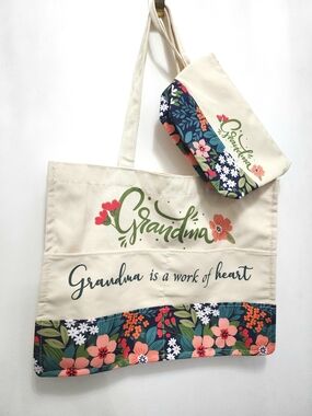 Grandma Floral Canvas Tote Bag and Pouch Set - New No Tags